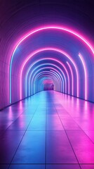 Vibrant neon tunnel illuminated with pink and blue lights, creating a striking visual experience in an underground passageway