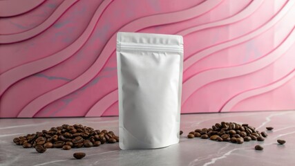 White Packaging Coffee Bag Surrounded by Coffee Beans on Stylish Background