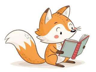 cartoon cute fox reading a book with white stripes clipart fox reading a book, isolated on a plain white background