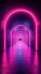 Illuminated tunnel with vibrant pink and blue neon lights creating a surreal atmosphere