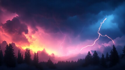 Dramatic stormy sunset over silhouetted forest