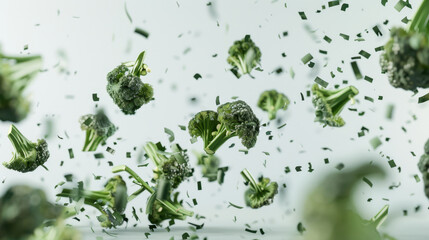 falling broccoli isolated on white