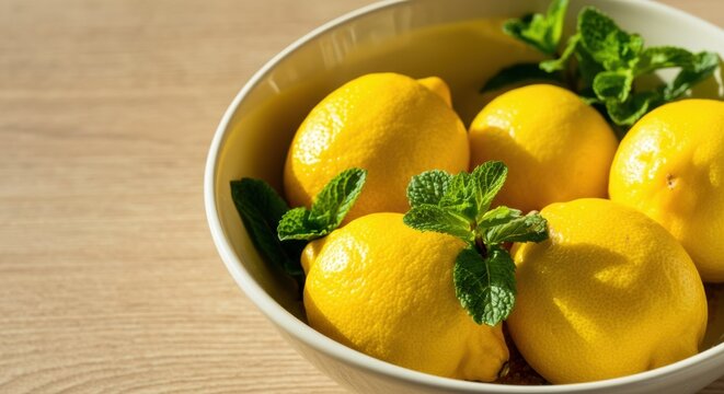 Fresh lemons with mint leaves in a white bowl on a wooden table