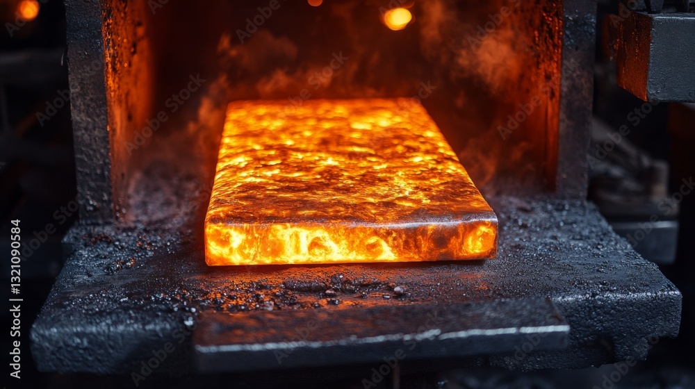 Poster intense heat radiates from a furnace as a glowing metal slab is prepared for further processing. thi