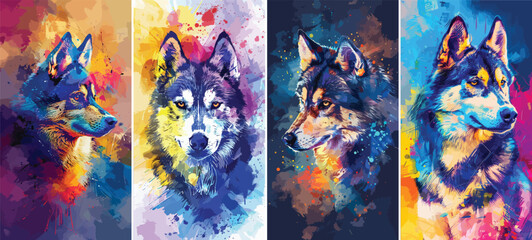 Obraz premium Wolf Portraits Vector Illustration with Colorful Splashes