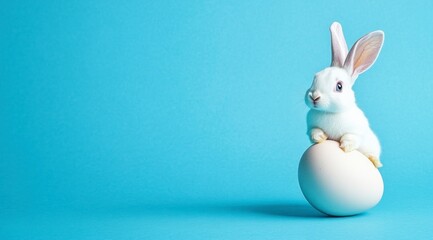 Obraz premium Cute White Bunny Sitting on Easter Egg Against Light Blue Background