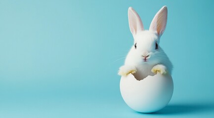 Obraz premium Cute Easter Bunny Hatching From Egg on Pastel Blue Background