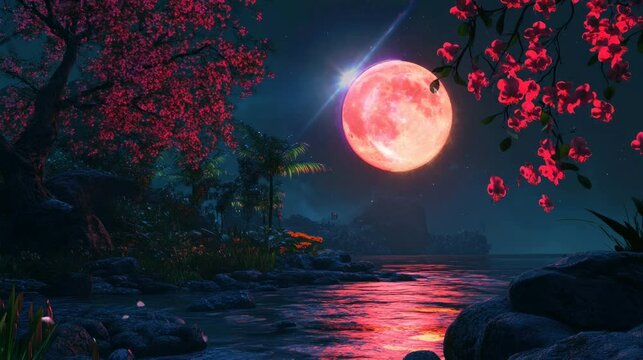 beautiful moon night behind the grove of flowers at night . seamless looping time-lapse virtual 4k video Animation Background.	