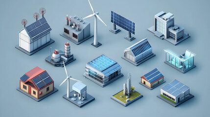 Obraz premium Set of clean energy and eco-architecture symbols representing solar panels, wind turbines, and energy-efficient buildings for sustainability.