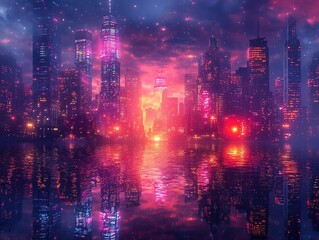 Obraz premium Vibrant city skyline at sunset reflecting on water, with colorful lights and clouds in the background