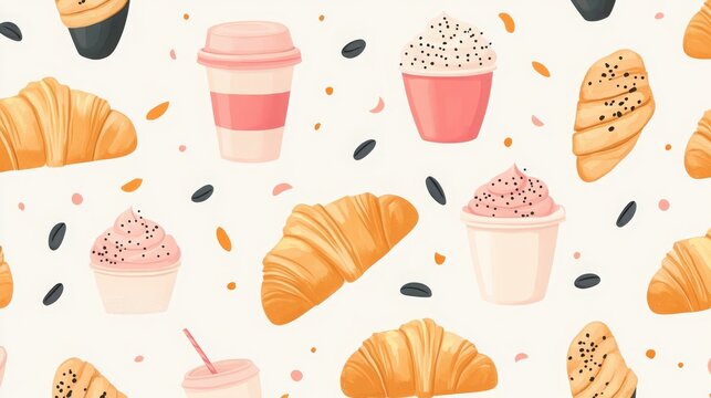 Seamless Pattern of Croissants, Baguettes, and Coffee for Culinary Designs