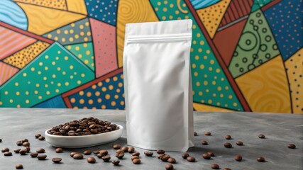 Fototapeta premium Elegant White Coffee Bag with Roasted Beans on Colorful Geometric Background
