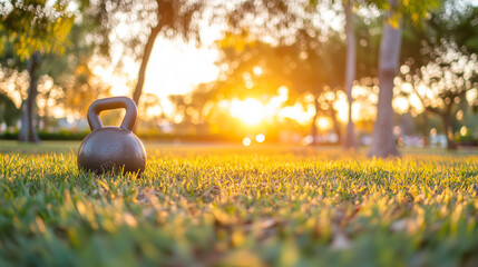 Rustic kettlebell in tranquil park setting at golden sunset