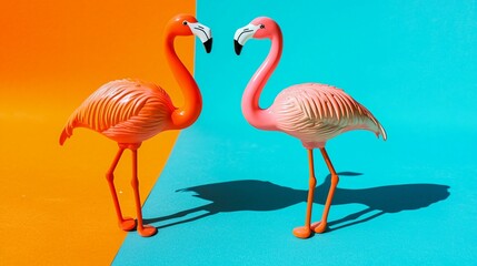 Obraz premium Two flamingo toys on a vibrant orange and blue background, radiating joy and optimism.