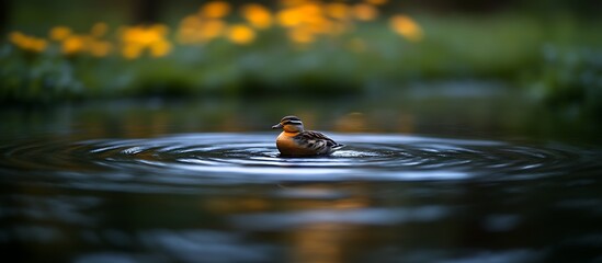 Fototapeta premium Duck Swimming Peacefully in Pond Creating Ripples on Water Surface