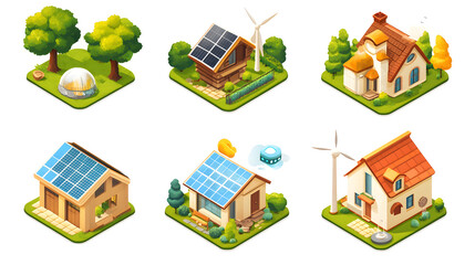 Fototapeta premium Set of eco-architecture symbols representing solar energy, wind power, and sustainable building designs for energy efficiency.