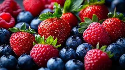 Obraz premium Photography of a rich composition of ripe strawberries, raspberries, and blueberries