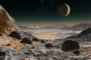 A barren alien landscape with rocky terrain under a starry sky. A large cratered planet looms above the horizon, casting an eerie glow over the desolate, crater-filled surface with floating rocks.