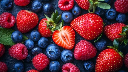 Fototapeta premium Photography of a rich composition of ripe strawberries, raspberries, and blueberries