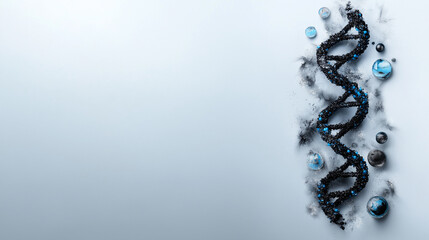 A blue and black DNA strand is surrounded by a variety of small
