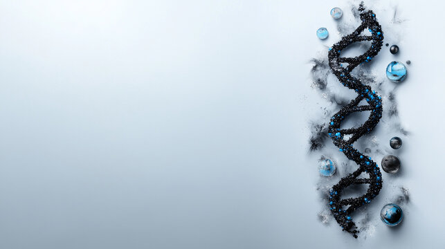 A blue and black DNA strand is surrounded by a variety of small
