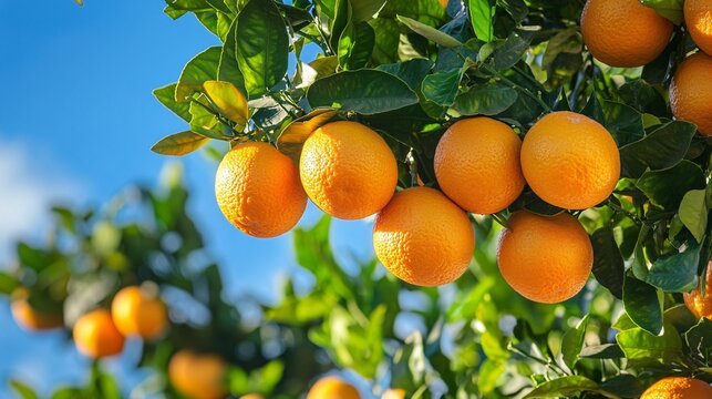 A fresh orange tree with ripe fruits hanging low against a blue sky, orchard photography