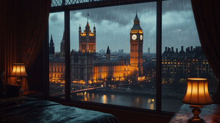  Cozy Hotel Room with a Rainy Night View of Big Ben and Westminster