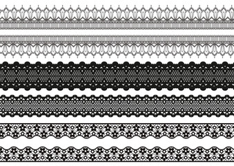 Set of lace pattern brushes.Lace seamless pattern vectors.Set of wide lace ribbons with print.Trim Lace Ribbon Elegant French lace borders. Ornate lacework or trim decoration.