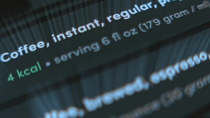 Calories Counter app, list with types of coffee