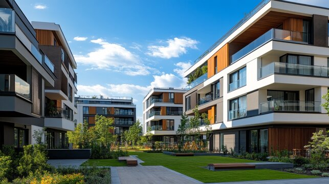 Stylish apartments with wooden accents and lush greenery create an inviting atmosphere. Residents enjoy outdoor spaces under a clear blue sky, fostering community and relaxation