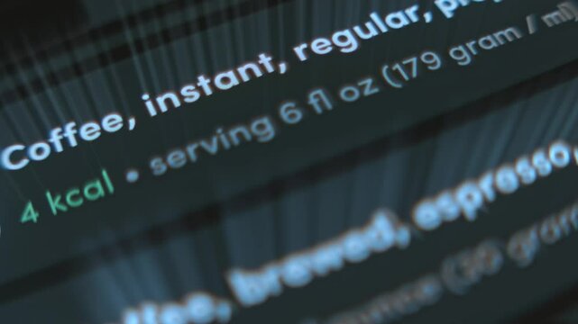 Calories Counter app, list with types of coffee