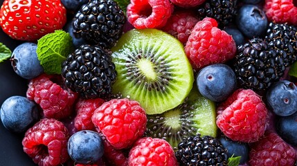 Photography of a smoothie bowl topped with kiwi slices, chia seeds, and mixed berries