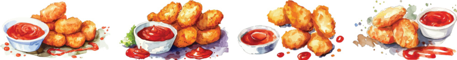 Chicken Nuggets Vector Illustration with Ketchup, Isolated on White Background