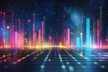 Futuristic cityscape, vibrant digital landscape, abstract data visualization.  Dynamic glowing vertical bars,  illuminated grid,  dotted lines,  night scene,  colorful digital city,  data points