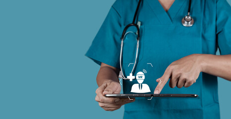 The doctor using virtual reality headset to research