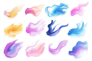 Set colorful grunge brush stroke watercolor ink strokes isolated on white background