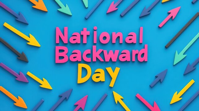 Colorful Arrows and Text Celebrating National Backward Day on Blue Background - Powered by Adobe