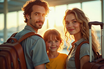 A girl of 10 years old in a yellow T-shirt with her mother and father at the airport, traveling with the whole family. Sunlight illuminates the waiting room.