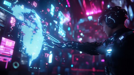Futuristic cyborg interacts with a holographic global interface