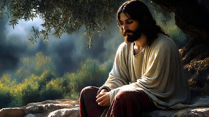 Easter heme, lonely and sad Jesus Christ in the garden of Gethsemane, religious story, oil painted 