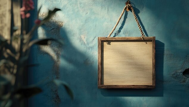 Empty wooden framed sign hanging on a textured teal wall