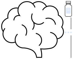 Large outline of a brain paired with medicine bottle conveys neuroscience, mental health, treatment, research, and innovation. Ideal for healthcare, cognition, AI, science medication psychology