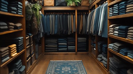 Fototapeta premium Elegant Walk-in Closet Design with Organized Clothing and Stylish Decor