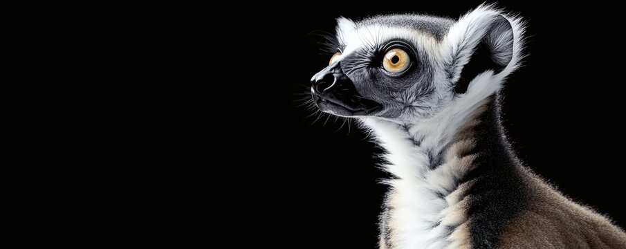 A ring tailed lemur stares curiously against a black background