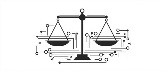 Digital balance scale surrounded by abstract circuit lines on a white background

