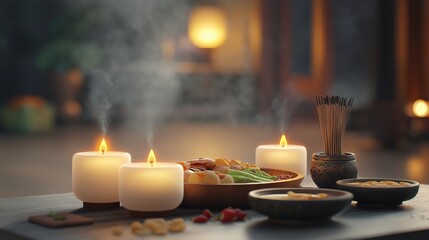 Traditional Buddhist offering table with candles during a peaceful evening ritual