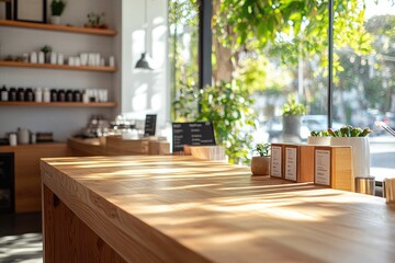 Light-filled, modern shop with wooden counter