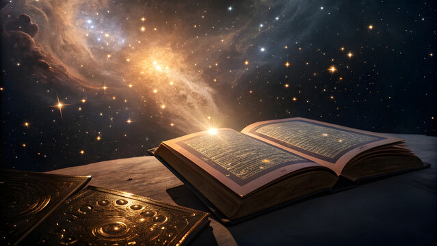 Mystical Space of Time and Dimensions with Golden Light Cosmic Book. Perfect for: Spiritual gatherings, cosmic events