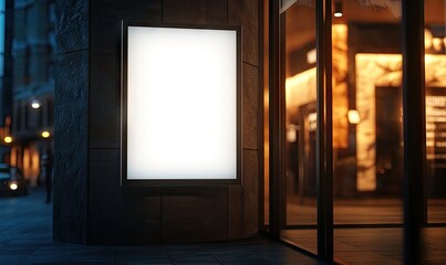 Empty illuminated advertisement board on city building facade at night