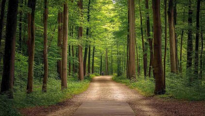 Obraz premium Serene forest path. Lush greenery, tall trees, and a dirt path